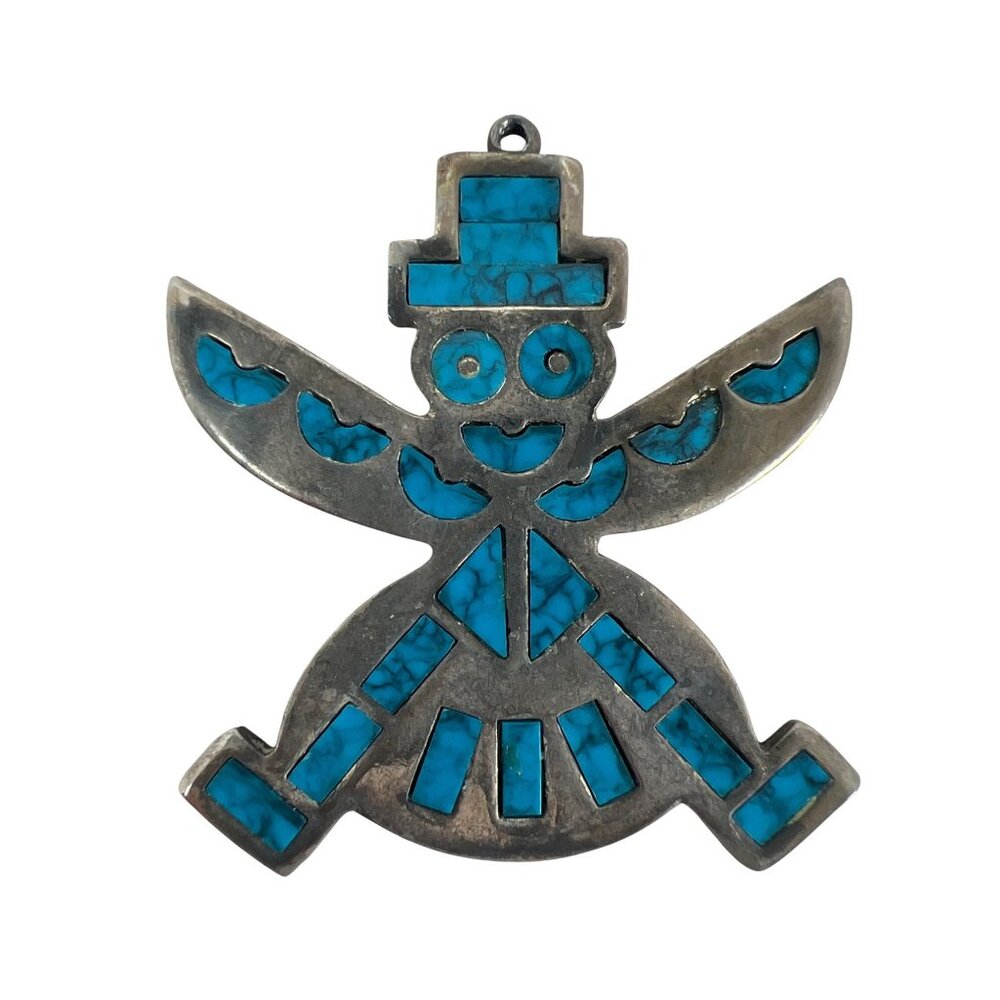 VTG Roma Knifewing Dancer Kachina Zuni Faux Turquoise Inlay Pendant Silver Plate